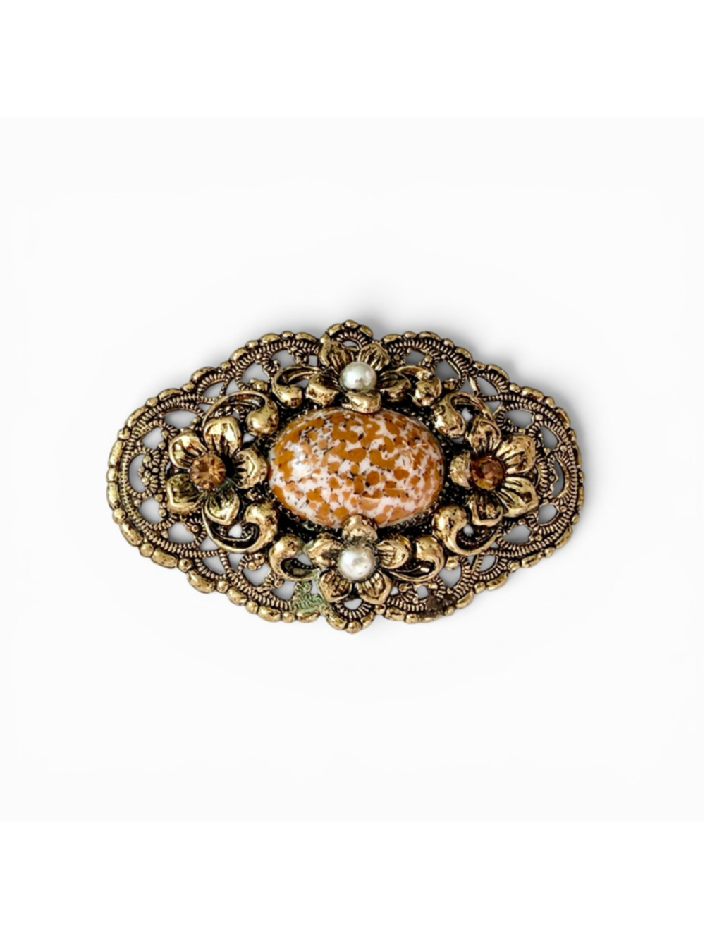 Antique 1920s Czech Filigree Brooch Art Glass Cabochon Faux Pearl